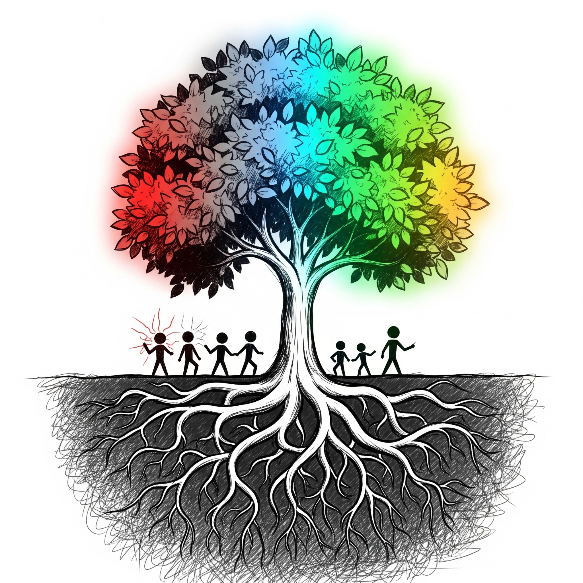 Ein abstraktes Bild von Wurzeln, die sich in einem stabilen Boden verankern und daraus wächst ein gesunder Baum, dessen Blätter leuchten