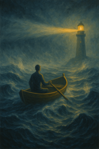 Eine Person die in einer stürmischen See in einem Ruderboot sitzt und auf einen Leuchtturm schaut