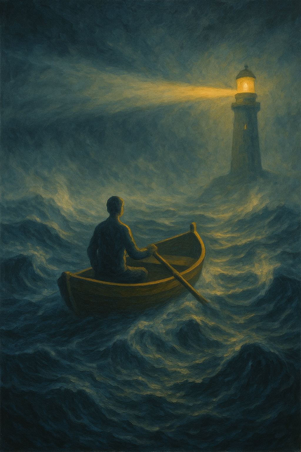 Eine Person die in einer stürmischen See in einem Ruderboot sitzt und auf einen Leuchtturm schaut