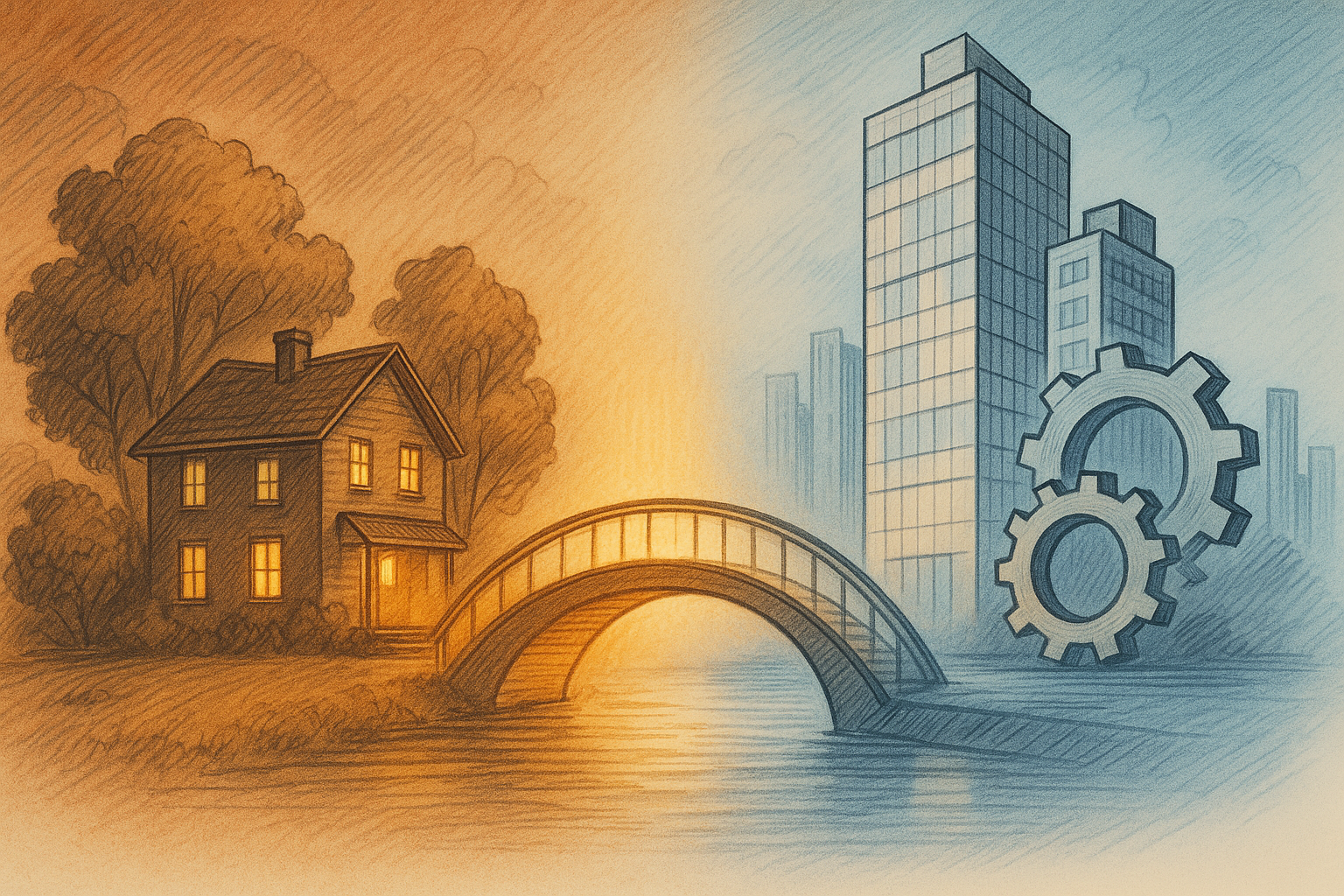 Ein klassisches Haus, das durch eine Brücke mit einem mordernen Hochhaus verbunden ist