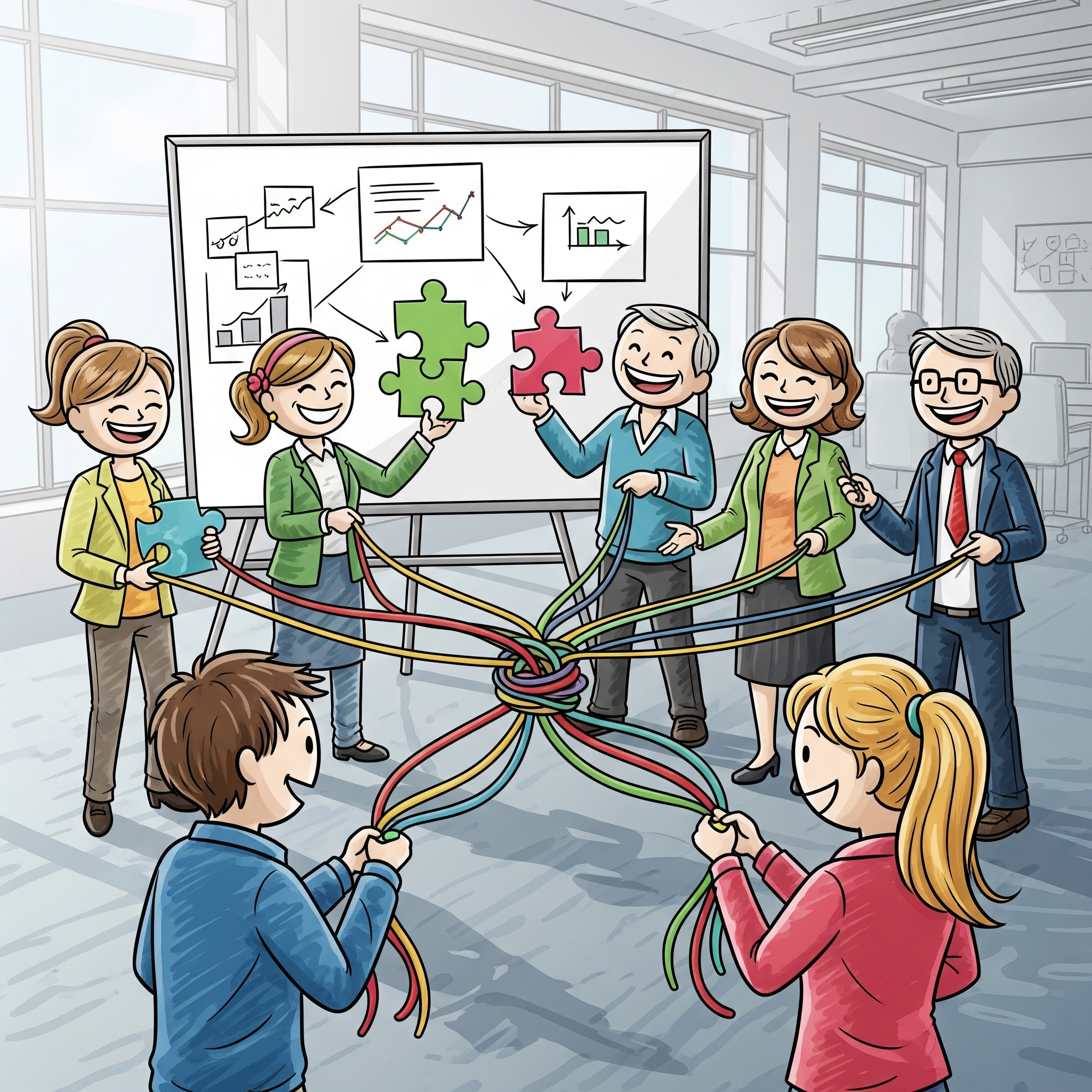 Mehrere Personen unterschiedlichen Alters, die lachend und engagiert miteinander interagieren