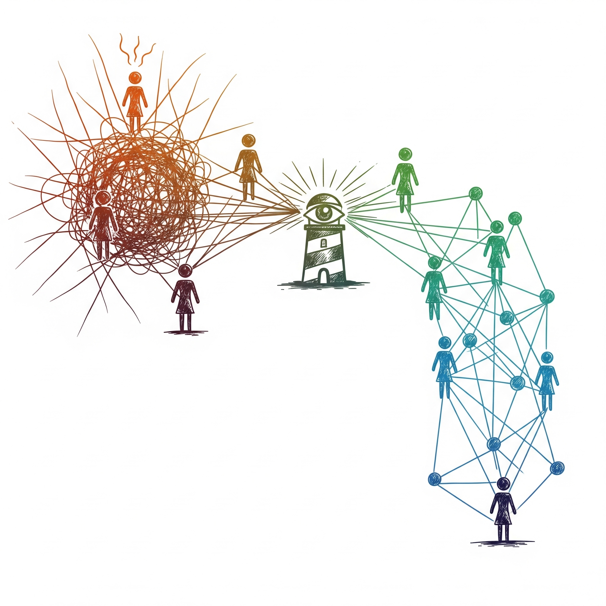 Ein abstraktes Liniendiagramm oder ein Netzwerk, das anfänglich verworrene oder sich kreuzende Linien zeigt, die dann in klar definierte, parallele oder sich harmonisch verbindende Linien übergehen