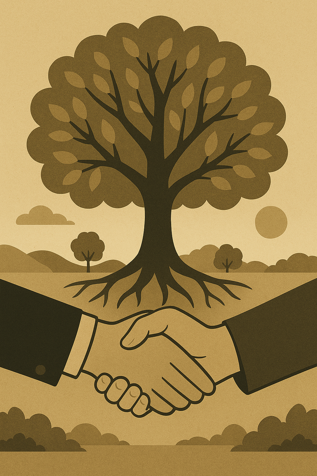 Ein gezeichneter Baum vor dem sich zwei Personen die Hände schütteln