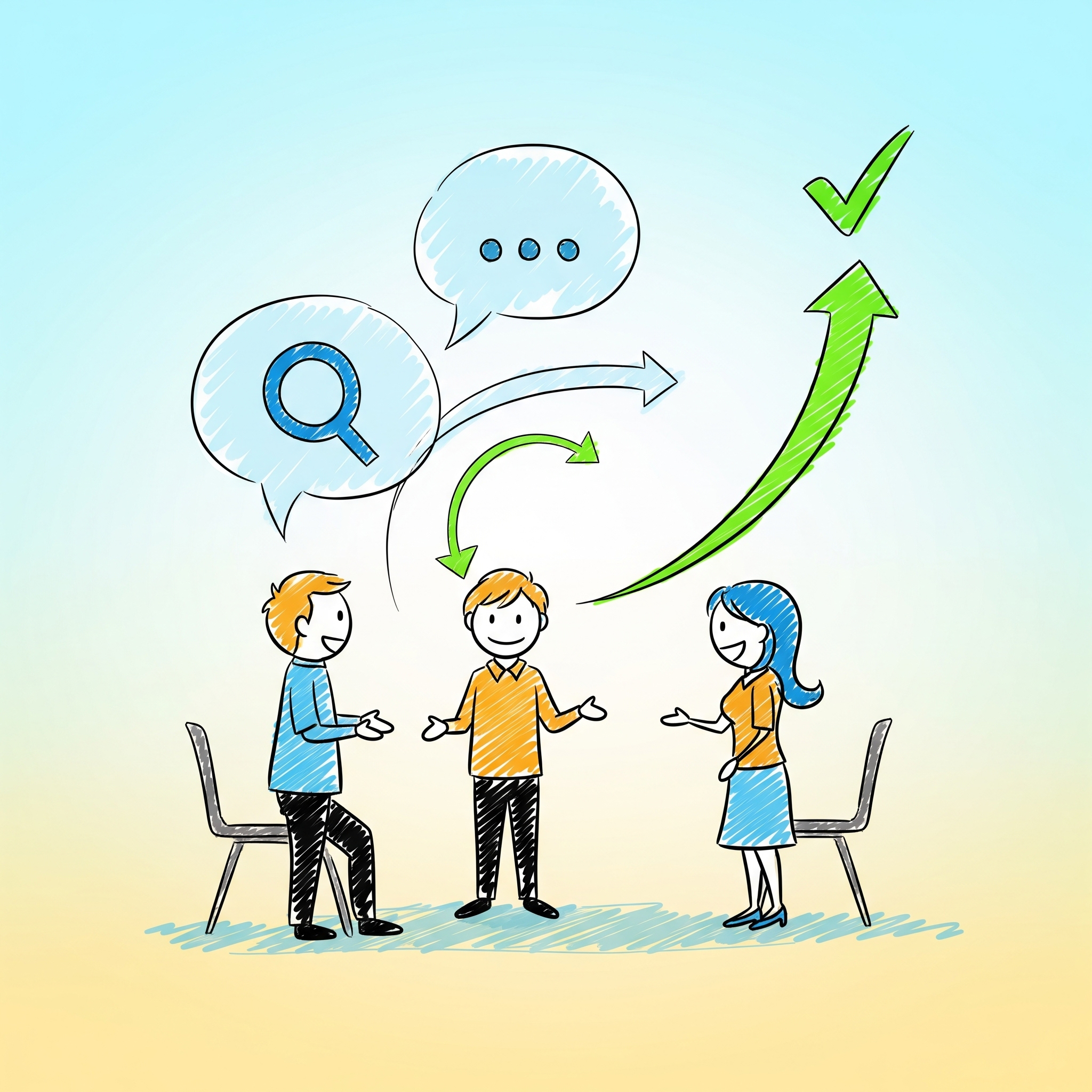 drei Personen, die sich zugewandt sind, wobei symbolische Sprechblasen von einer Person zur anderen gehen und sich dort in eine positive, aufsteigende Kurve verwandeln