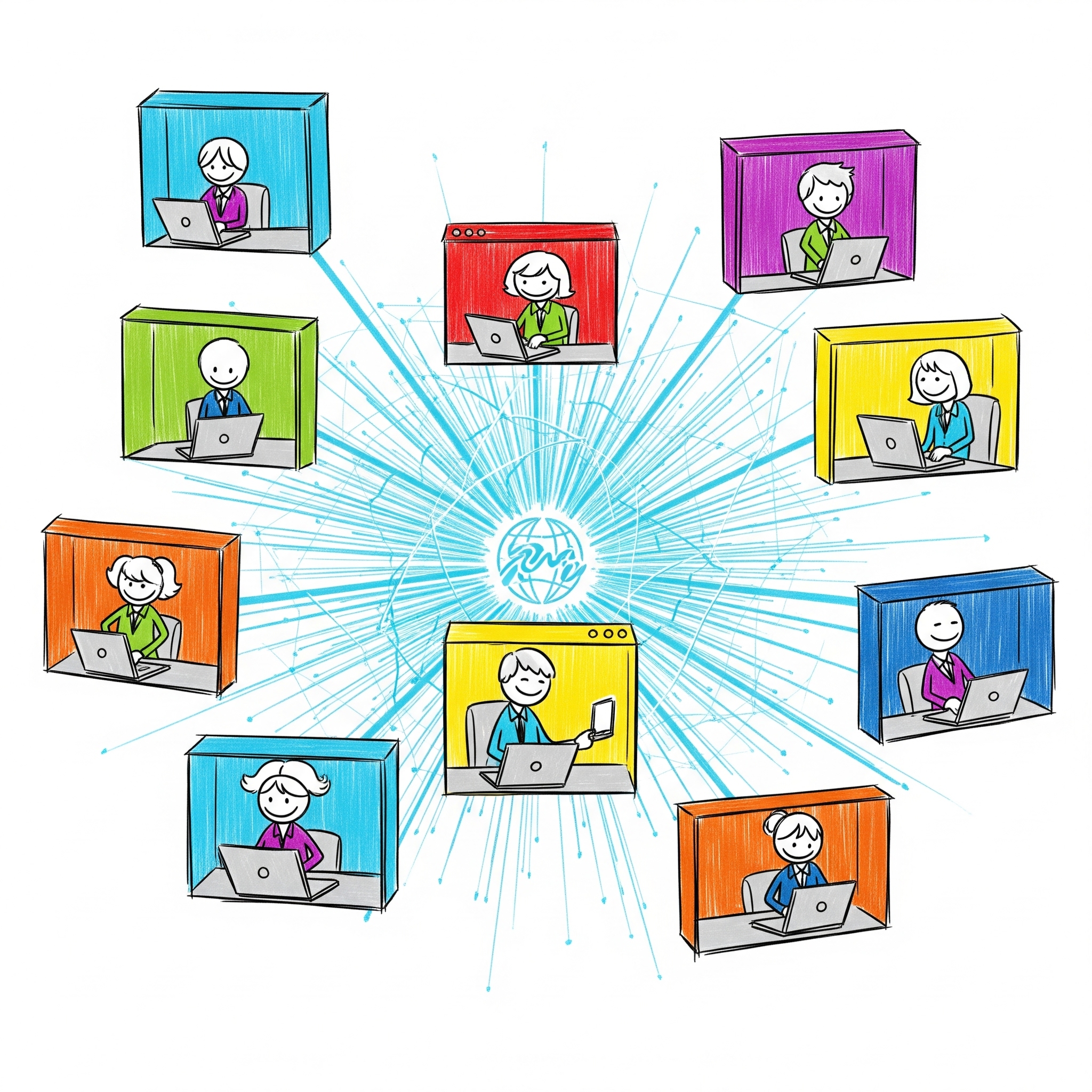 Eine Gruppe von Personen, die auf ihren jeweiligen Laptops arbeiten und jeweils in einem separaten Fenster dargestellt sind